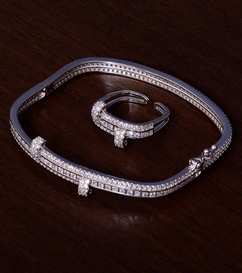 Rhodium Plated AAA CZ Embellished American Diamond Bracelet cum Ring BD381