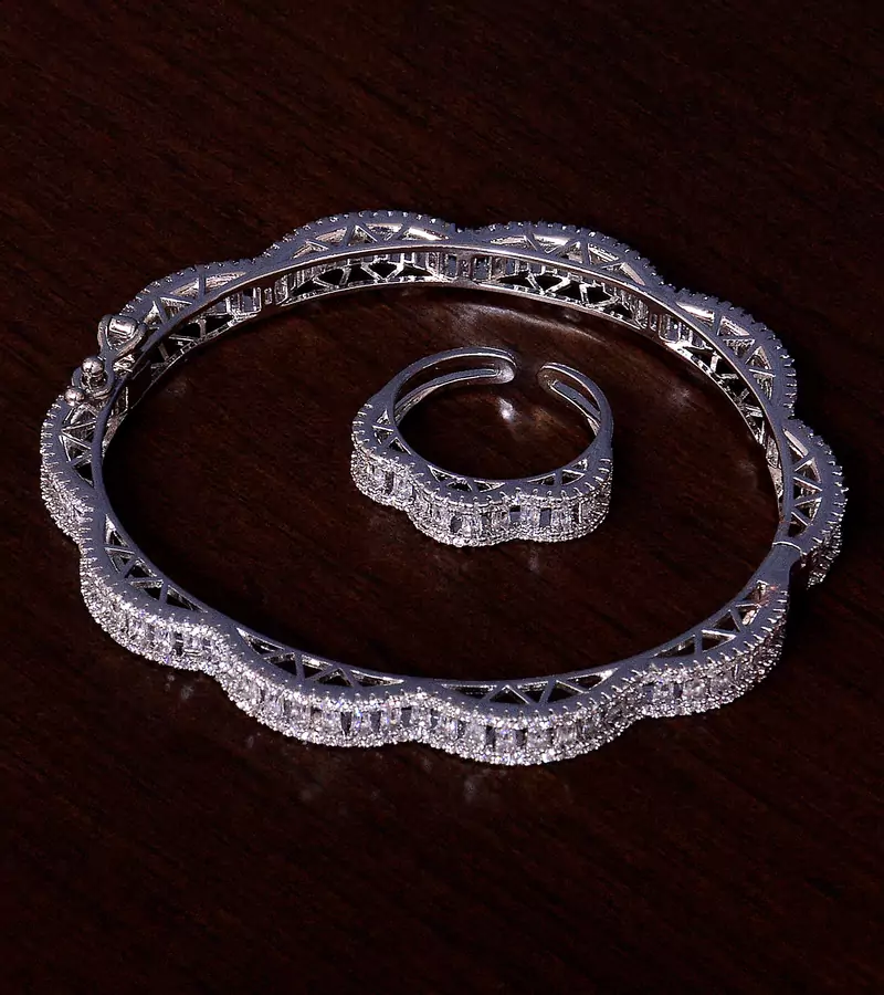 Rhodium Plated AAA CZ Embellished American Diamond Bracelet cum Ring BD382