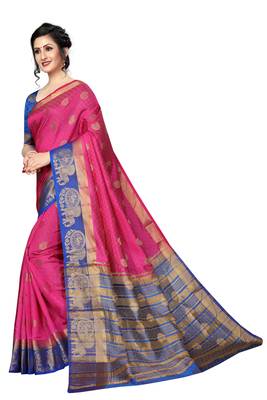 Pink woven tussar silk saree with blouse 1