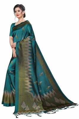 Dark Aqua Blue Printed Art Silk Saree With Blouse 1