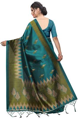 Dark Aqua Blue Printed Art Silk Saree With Blouse 2