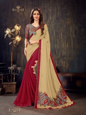 Beige printed chiffon saree with blouse 1
