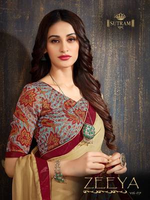 Beige printed chiffon saree with blouse 2