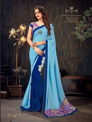 Blue printed chiffon saree with blouse 1