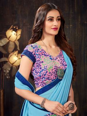 Blue printed chiffon saree with blouse 2