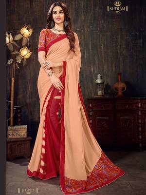 Peach printed chiffon saree with blouse 1