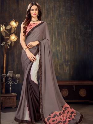 Brown printed chiffon saree with blouse 1