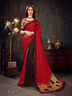 Red printed chiffon saree with blouse 1