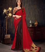 Red printed chiffon saree with blouse
