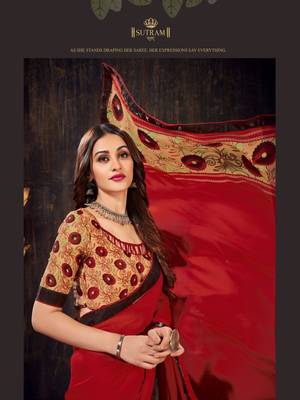 Red printed chiffon saree with blouse 2