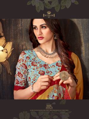 Beige printed chiffon saree with blouse 2