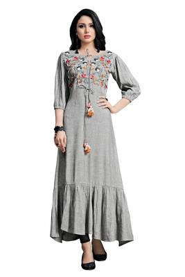 Women's Grey Embroidered Maxi Length Dress in Western Style 1