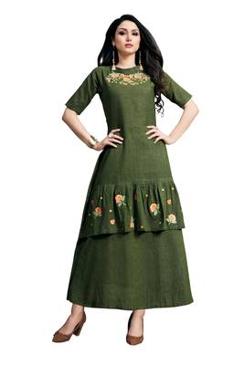 Blissta Olive Green Embroidered Namo Slub Maxi Length Dress 1