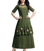 Blissta Olive Green Embroidered Namo Slub Maxi Length Dress