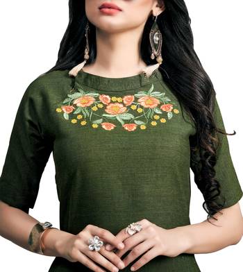 Blissta Olive Green Embroidered Namo Slub Maxi Length Dress 2