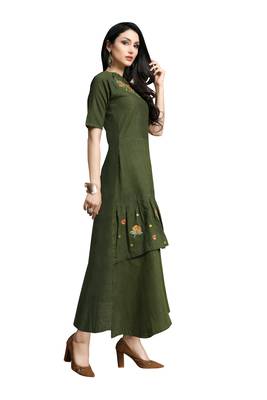 Blissta Olive Green Embroidered Namo Slub Maxi Length Dress 3