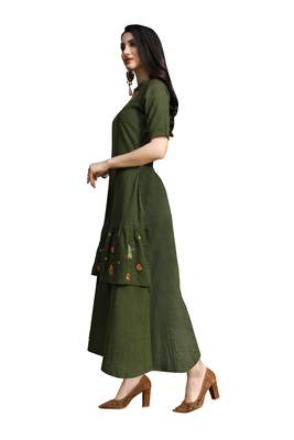 Blissta Olive Green Embroidered Namo Slub Maxi Length Dress 4