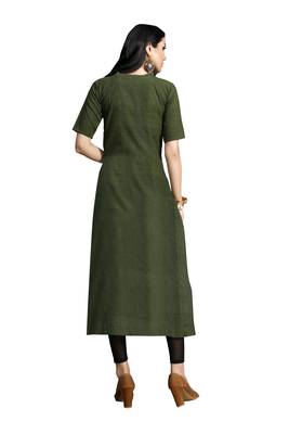 Blissta Olive Green Embroidered Namo Slub Maxi Length Dress 5