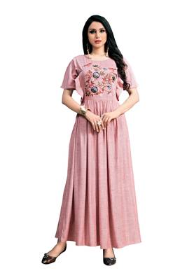 Blissta Peach Embroidered Namo Slub Maxi Length Dress 1