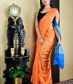 Orange Blended Cotton Saree With Gheecha Stripes And Royal Blue Pallu