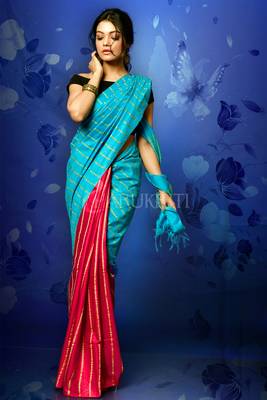 Sky Blue And Majenta Blended Cotton With Ghicha Stripes And Pallu 1