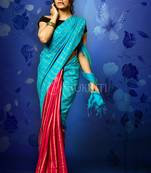 Sky Blue And Majenta Blended Cotton With Ghicha Stripes And Pallu