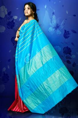 Sky Blue And Majenta Blended Cotton With Ghicha Stripes And Pallu 2