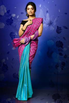 Magenta And Sky Blue Blended Cotton With Ghicha Stripes And Pallu 1