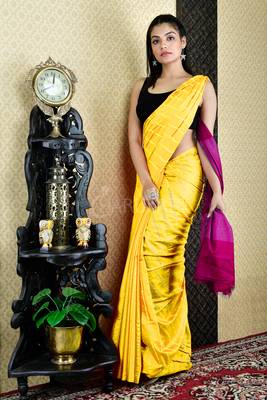 Yellow Blended Cotton Saree With Gheecha Stripes And Magenta Pallu 1