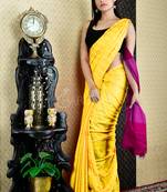 Yellow Blended Cotton Saree With Gheecha Stripes And Magenta Pallu