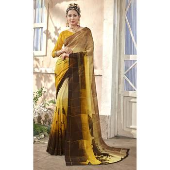 Yellow printed chiffon saree with blouse 1