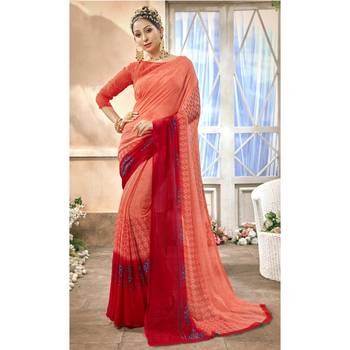 Peach printed chiffon saree with blouse 1