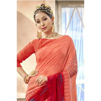 Peach printed chiffon saree with blouse 2