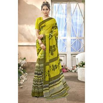 Lime printed chiffon saree with blouse 1