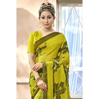 Lime printed chiffon saree with blouse 2
