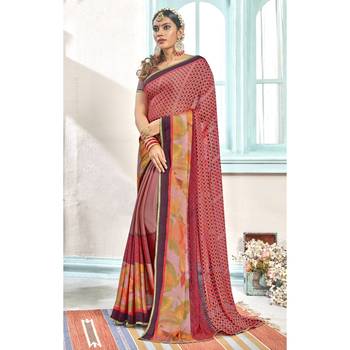 Pink printed chiffon saree with blouse 1