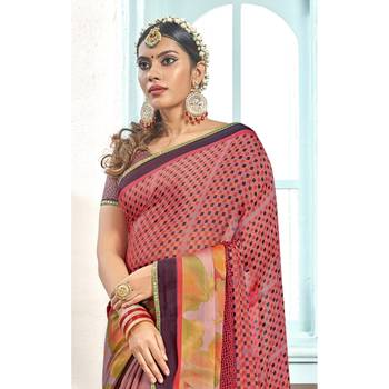 Pink printed chiffon saree with blouse 2