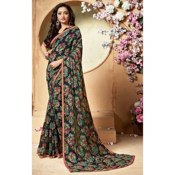 Navy blue printed chiffon saree with blouse 1