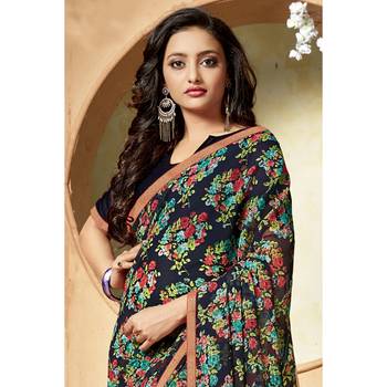 Navy blue printed chiffon saree with blouse 2