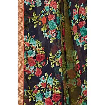 Navy blue printed chiffon saree with blouse 3