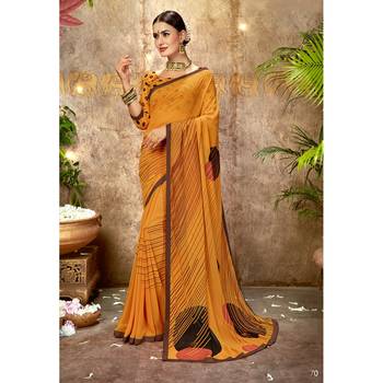 Orange printed georgette saree with blouse 1