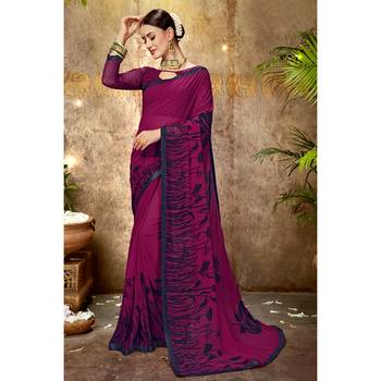 Pink printed georgette saree with blouse 1
