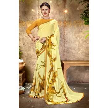 Cream printed georgette saree with blouse 1