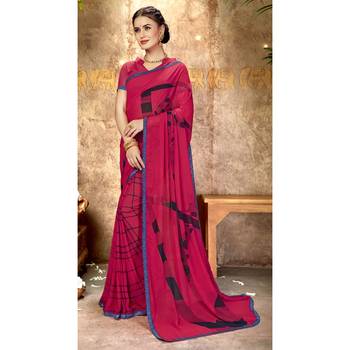 Pink printed georgette saree with blouse 1