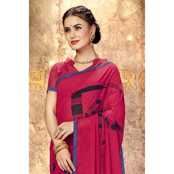 Pink printed georgette saree with blouse 2