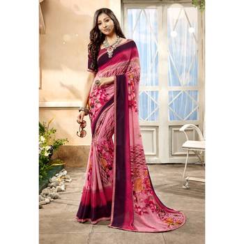Pink printed georgette saree with blouse 1