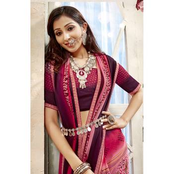 Pink printed georgette saree with blouse 2