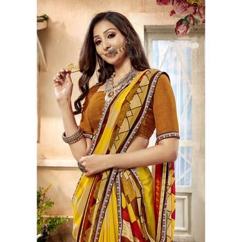 Yellow printed georgette saree with blouse 2