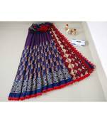 Blue Cotton Indigo Hand Block Printed Saree WIth Pompom Border 