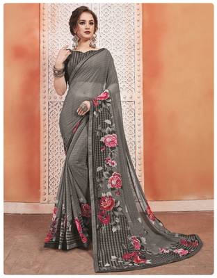 Grey printed georgette saree with blouse 1